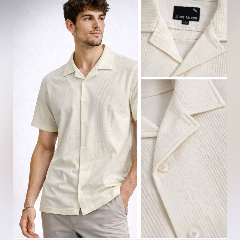 Cream Short-Sleeve Camp Collar Button-Down Shirt Sz L NWT